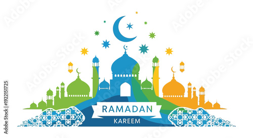 A colorful ramadan kareem illustration features a crescent moon mosque silhouettes and decorative elements high quality professional detailed