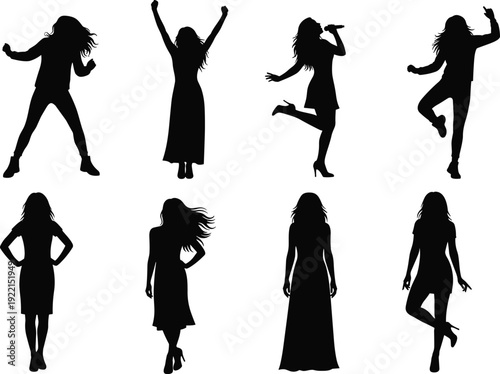 Female singer and dancing women silhouettes in dynamic performance poses isolated on white background illustration collection set