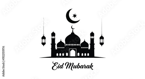 A striking black silhouette depicts a mosque crescent moon and star with elegant calligraphy reading Eid Mubarak