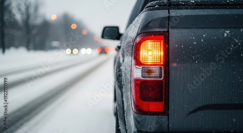 Pickup truck taillight glowing in snowy weather on a winter road.
