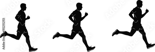 Male runner silhouettes in motion sequence, athletic man jogging and sprinting isolated on white background illustration set