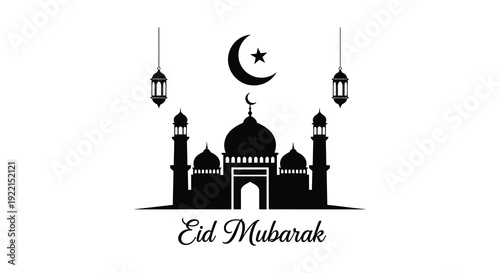 A striking black silhouette showcases a mosque crescent moon and lanterns accompanied by an eid mubarak greeting
