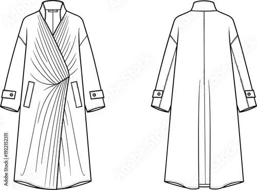 Women long wrap coat with draped front technical flat sketch, winter outerwear fashion CAD illustration, apparel design template, vector mockup.