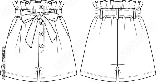 Women paperbag waist shorts with belt bow, front and back view fashion technical drawing vector illustration isolated on white