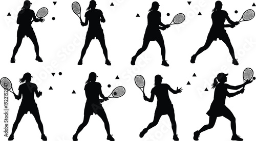 Tennis player silhouettes in action poses with racket and ball, dynamic sport activity isolated on white background illustration set