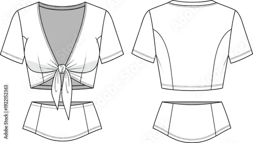 Women's fashion technical flat sketch, front and back view, tie front crop top and high waisted shorts, two piece set.