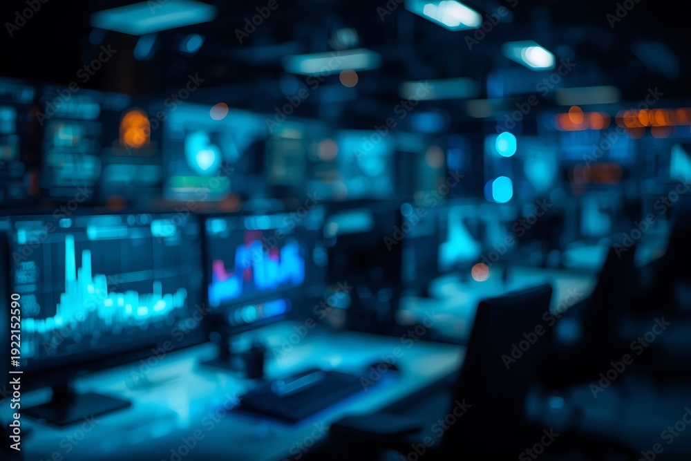 Fototapeta premium AI Generative Futuristic Data Analysis Center with Multiple Digital Screens