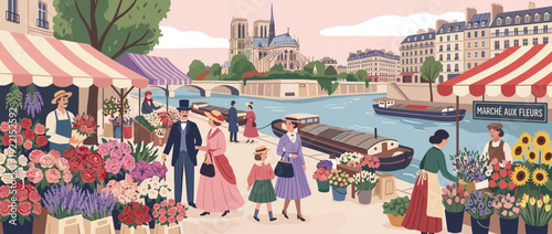 Flat vector illustration of a traditional Parisian flower market along the Seine river with colorful bouquets, vintage people, Notre Dame Cathedral, and river barges in a charming retro style.