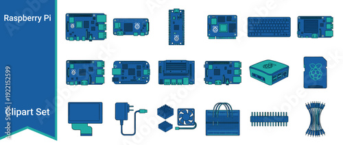 Flat Design Vector Icon Set of 20 Raspberry Pi and Single Board Computer Items; Featuring Pi 4, Zero, Pico, Keyboard, Case, SD Card, Display, Power Supply, Fan, Breadboard, and Jumper Wires.