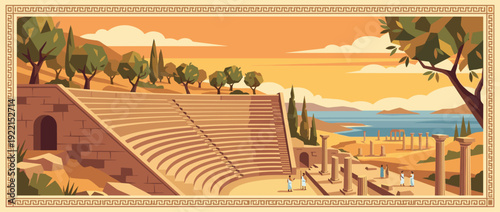 Flat Vector Illustration of a Scenic Ancient Greek Amphitheater with Olive Groves, Stone Columns, and People in Tunics Overlooking the Mediterranean Sea at Sunset with a Classic Meander Border