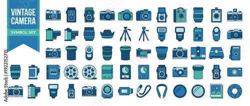 Comprehensive Collection of Vintage Camera and Film Photography Icons Including SLR, TLR, Rangefinder, Lenses, Film Rolls, Tripods, Flashes, Light Meters, and Accessories in Flat Design.