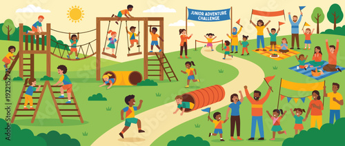 Vibrant flat vector illustration of a junior adventure challenge obstacle course in a sunny park with diverse children playing, climbing, and running while families cheer and picnic nearby.