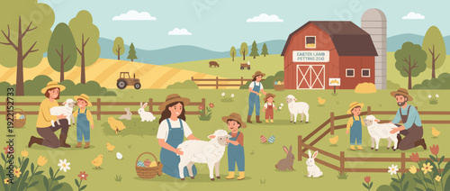Flat vector illustration of a children's Easter lamb petting zoo on a farm with kids and families interacting with baby animals like sheep, rabbits, and chicks in a sunny spring rural landscape.