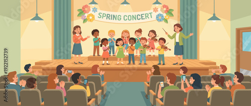 Vibrant Flat Vector Illustration of a Children's Spring Concert Recital on a School Stage with Diverse Kids Playing Instruments and Singing for Proud Parents in a Crowded Theater Auditorium.