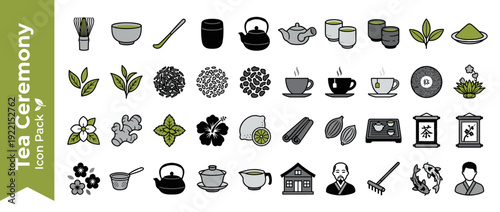 Set of 36 Flat Vector Icons for Japanese Tea Ceremony and Diverse Tea Varieties. Includes Matcha Whisk, Teapots, Cups, Loose Leaves, Herbs, Spices, and Traditional Cultural Elements.