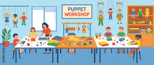 Flat vector illustration of children and a teacher in a creative puppet making workshop, crafting handmade marionettes and dolls with fabric, buttons, and yarn in a bright classroom art studio.