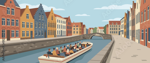 Scenic flat vector illustration of a canal boat tour in a historic European city featuring colorful gabled houses, a stone bridge, and tourists on a sightseeing cruise along the waterway.