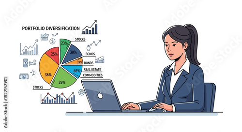 Woman analyzing financial data using laptop near pie chart illustration