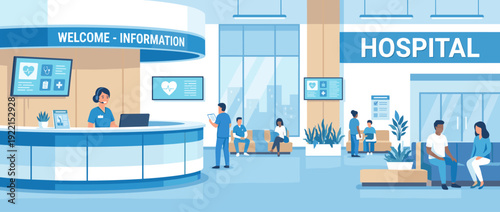 Modern hospital reception area flat vector illustration with friendly medical staff at information desk, patients waiting in lobby, healthcare professionals, and clean blue clinic interior.