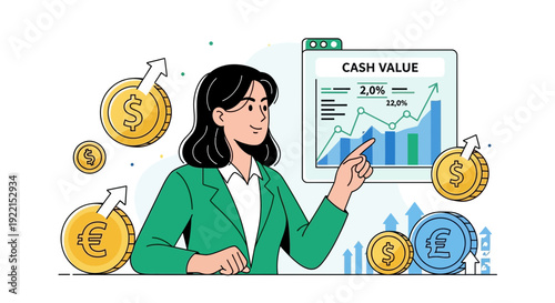 Woman analyzing financial data with coins and growth chart illustration