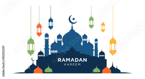 A stylized illustration depicts a dark blue mosque silhouette with hanging lanterns celebrating the islamic month of ramadan kareem