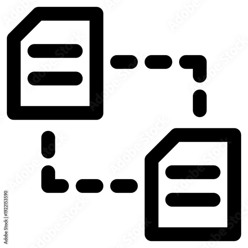 This vector icon depicts the process of transferring files or linking documents digitally. It symbolizes data exchange and workflow.