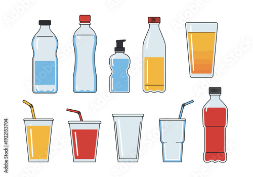 Collection of various beverages in bottles and glasses with straws on a plain background