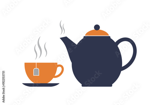 A steaming cup of tea beside a teapot on a table, viewed from the side in a cozy environment