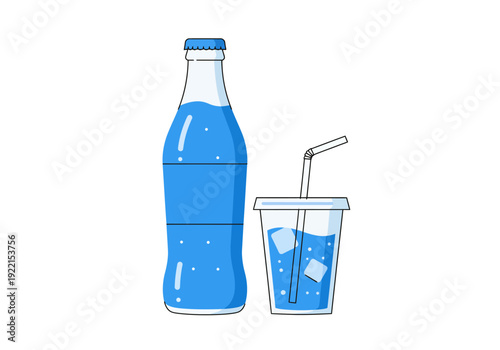 A bottle and glass filled with blue soda placed on a clean surface, viewed from a straightforward angle, showcasing a refreshing drink scene.