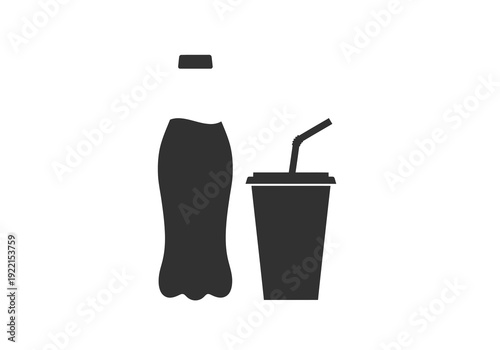 A black silhouette graphic of a plastic bottle and a disposable cup with a straw on a white background, viewed from the front