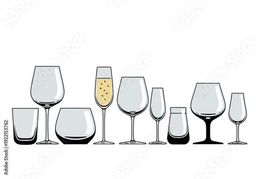 Assorted wine glasses and a champagne flute with champagne displayed on a table or countertop in a restaurant or bar setting from a straightforward viewpoint