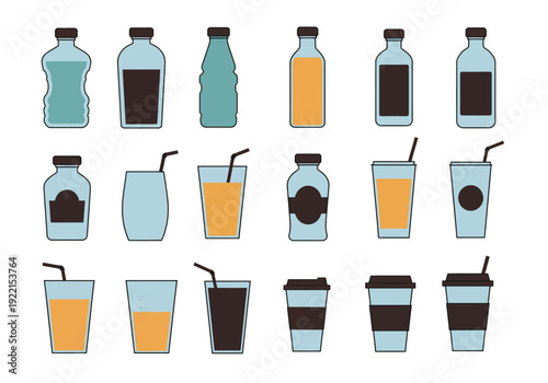 Assorted beverages in various bottles and cups with straws, showcasing different drinks and packaging styles.