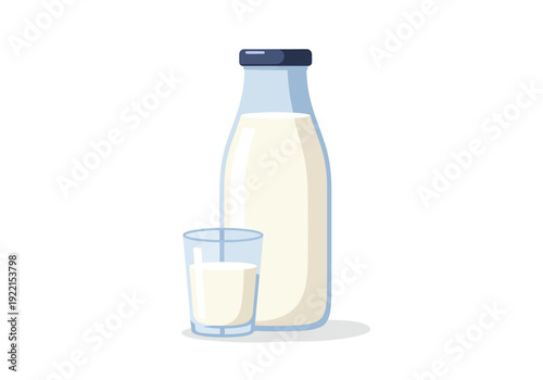 A glass and bottle of milk on a clean white surface viewed from the side