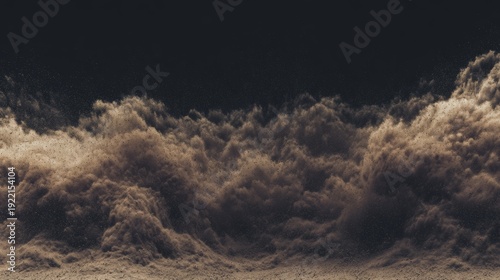Black dust and sand cloud isolated on black background, storm particles flying, fine sand texture and smoke powder effect, abstract desert wind concept, dynamic movement and atmospheric texture