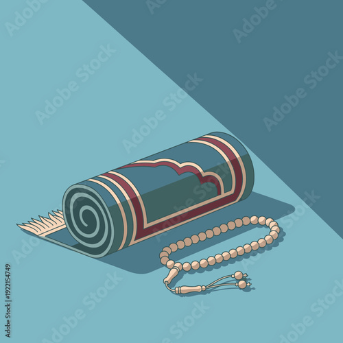 Islamic prayer rug rolled up with prayer beads next to it, symbolizing devotion and spiritual practice