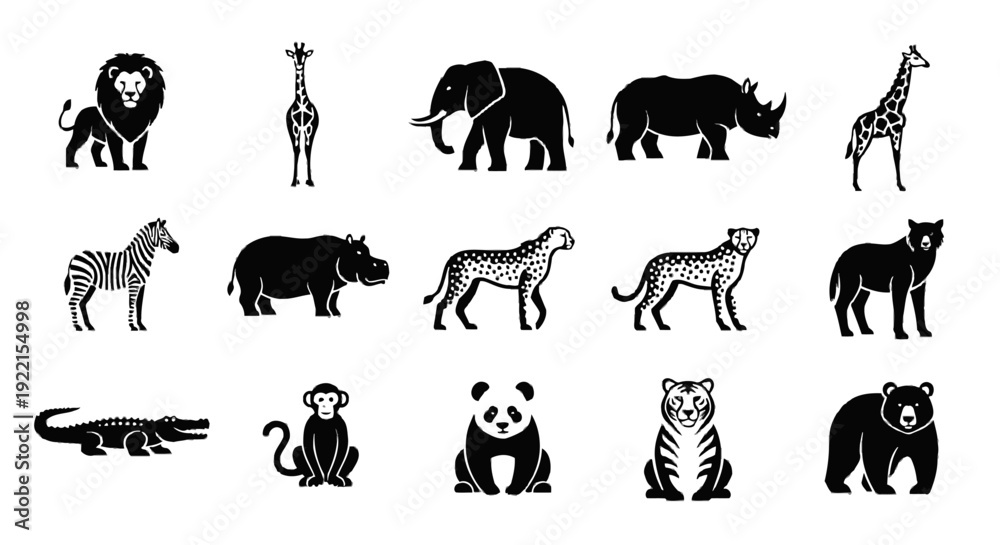 Fototapeta premium Collection of black and white wild animal vector icons, featuring diverse safari, jungle, and forest creatures. Includes lions, elephants, rhinos, zebras, and pandas for design and education