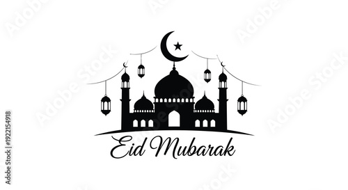 A striking black silhouette depicts a mosque crescent moon star and lanterns with eid mubarak text high quality
