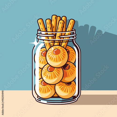 A charming illustration of a glass jar filled with delicious cookies and pretzel sticks, perfect for food blogs and culinary art
