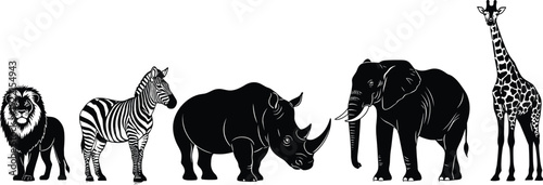 African wildlife silhouette vector illustration set, iconic animal drawings, black and white line art, savanna nature design artwork