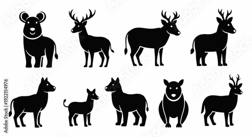 Set of stylized black animal silhouettes featuring various deer and wild forest creatures. Vector icons for nature and wildlife graphic design