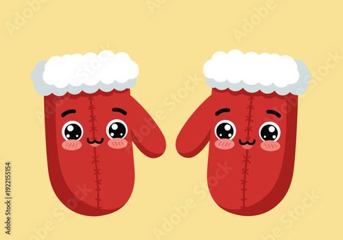A pair of cartoon mittens with smiling faces wearing white fur trim on a yellow background from a frontal viewpoint.