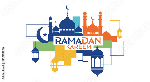 A colorful ramadan kareem illustration features mosque silhouettes crescent moons and lanterns for islamic celebration high quality professional