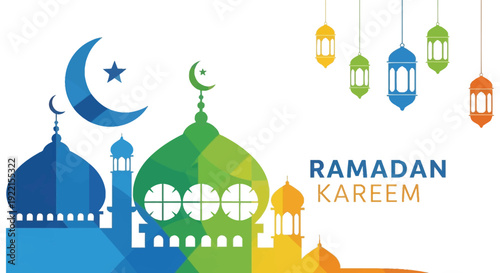 A vibrant illustration depicts a ramadan scene with a crescent moon star mosques and colorful lanterns high quality