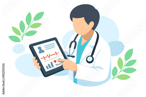 Doctor holding tablet with medical data and vital signs.