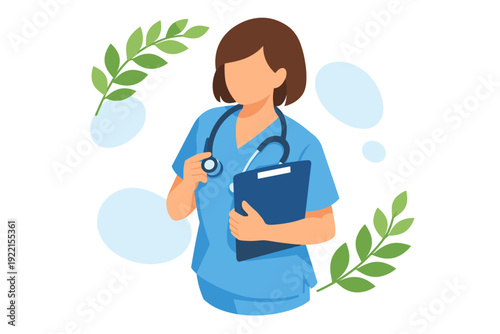 Female healthcare professional holding clipboard and stethoscope.