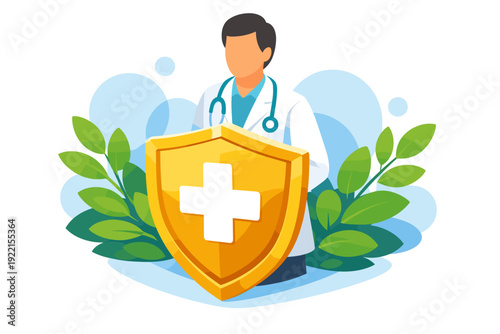 Doctor holding golden shield with medical cross symbol.
