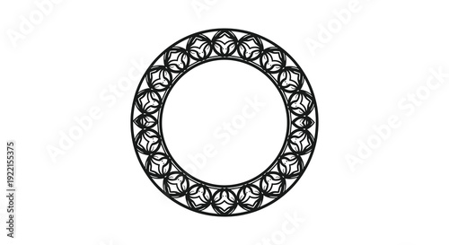 A black and white circular design features an ornate repeating pattern evoking a sense of symmetry and elegance
