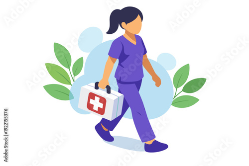 Female healthcare worker walking with medical kit.