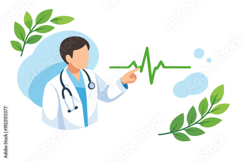 Doctor points to electrocardiogram line with leaves symbolizing health.