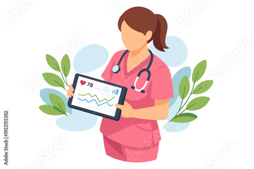 Nurse holding tablet displaying heart rate monitor results.